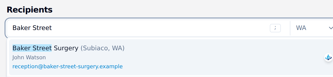 Recipients search showing a matching practice with the Mediref logo
