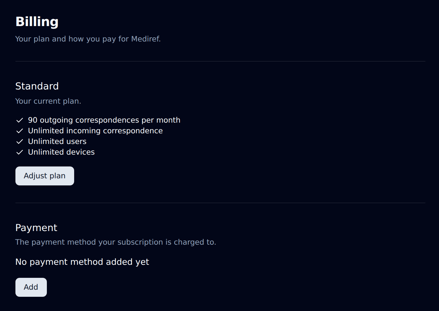 Billing page showing the plan features and the Payment section