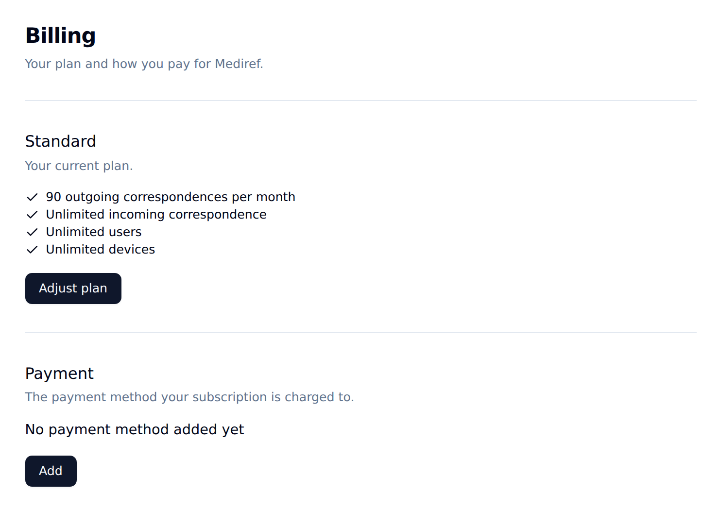 Billing page showing the plan features and the Payment section
