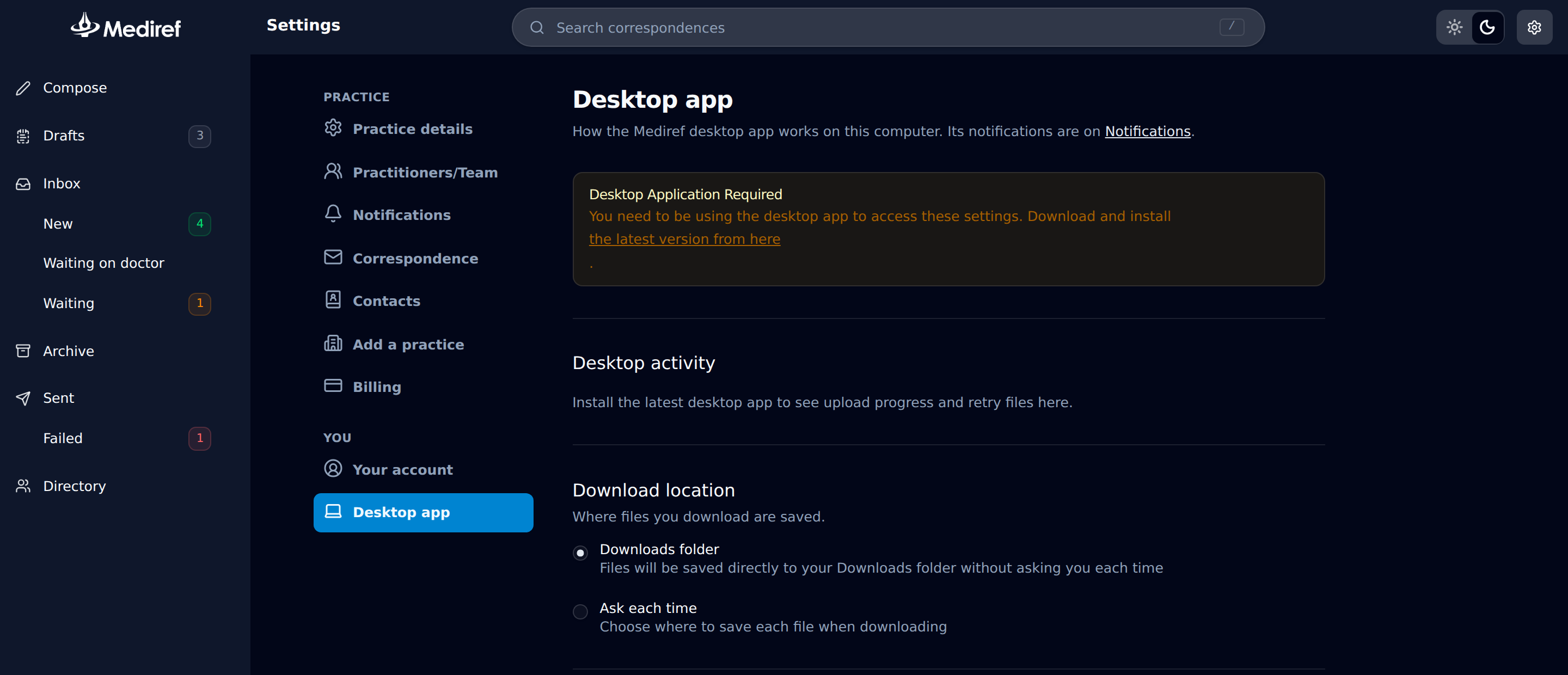 The Desktop App settings page in a browser, showing the Desktop Application Required warning above the settings