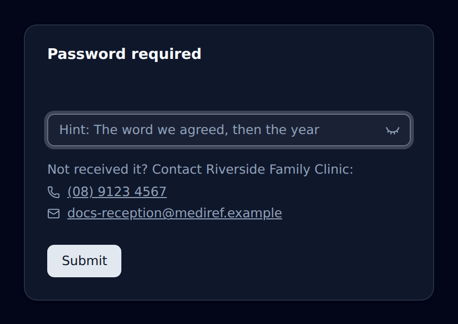Password required screen with the practice's hint in the password box and their phone number and email underneath
