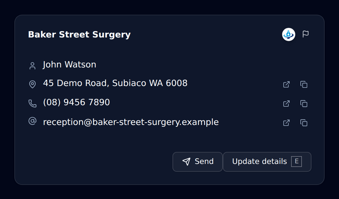 A directory entry with the Mediref logo beside the practice name
