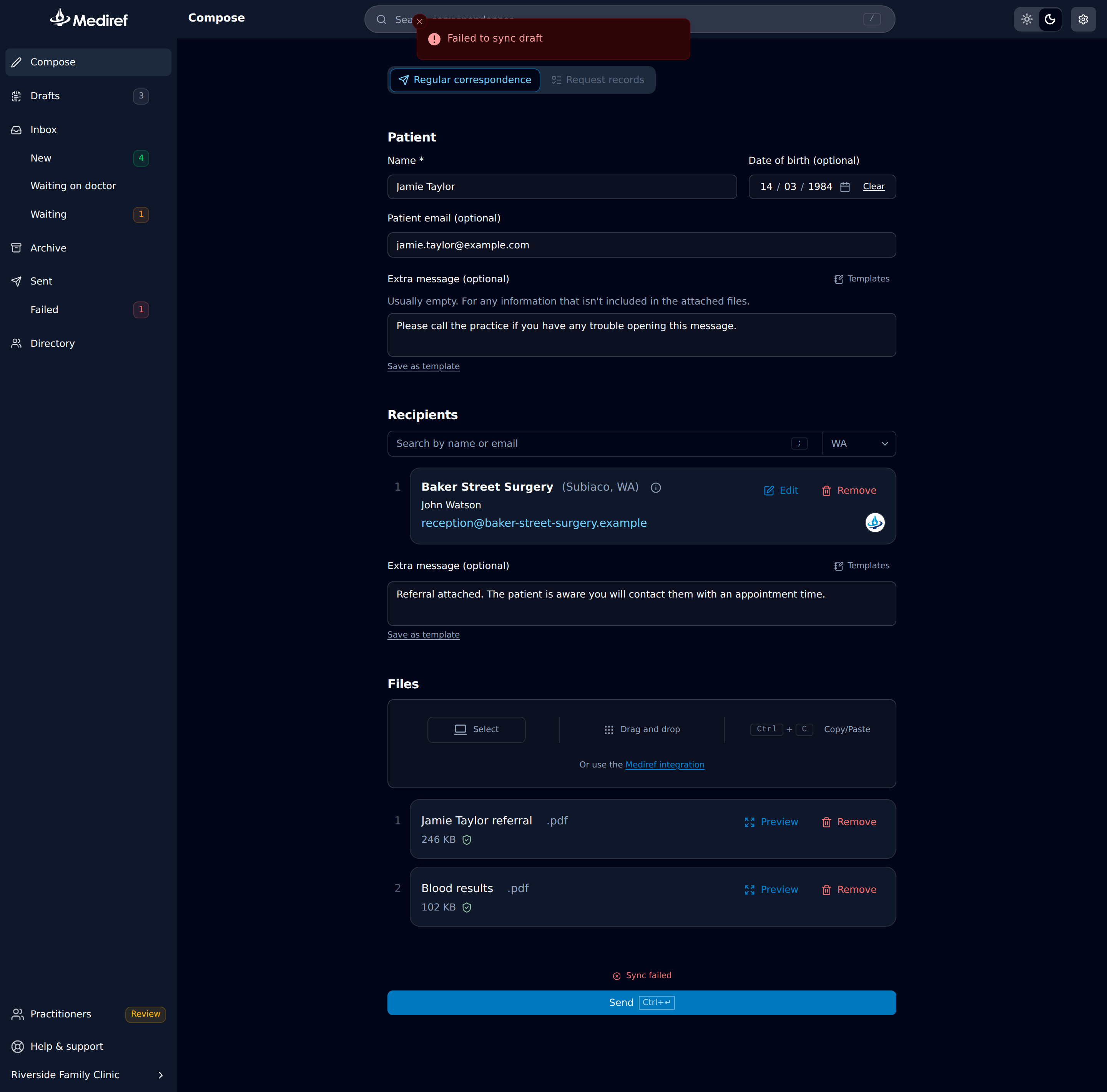 Compose page with the patient, recipient, message and files filled in