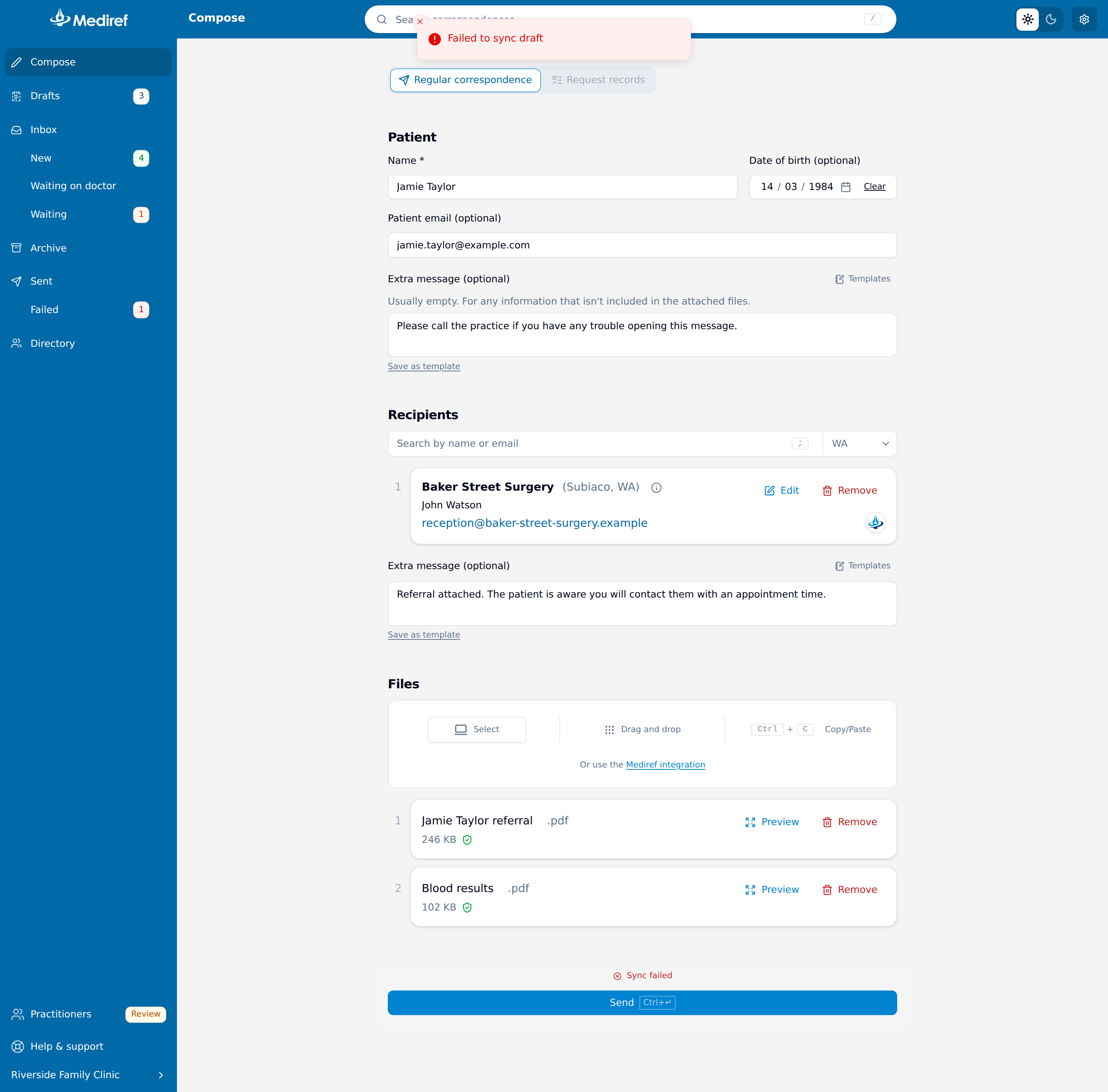 Compose page with the patient, recipient, message and files filled in