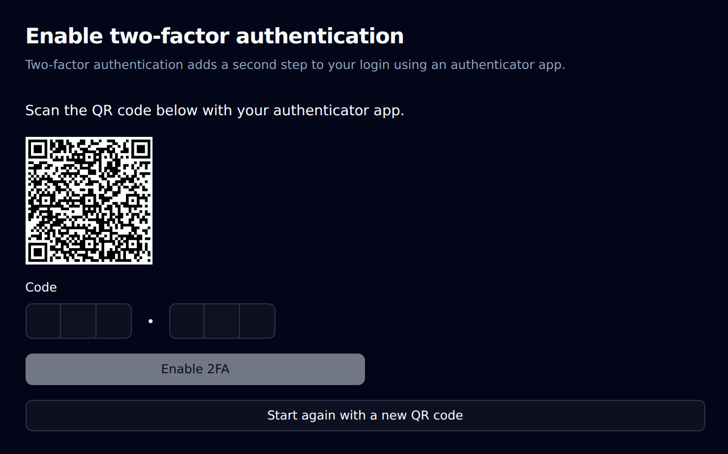 Enable two-factor authentication page with the QR code