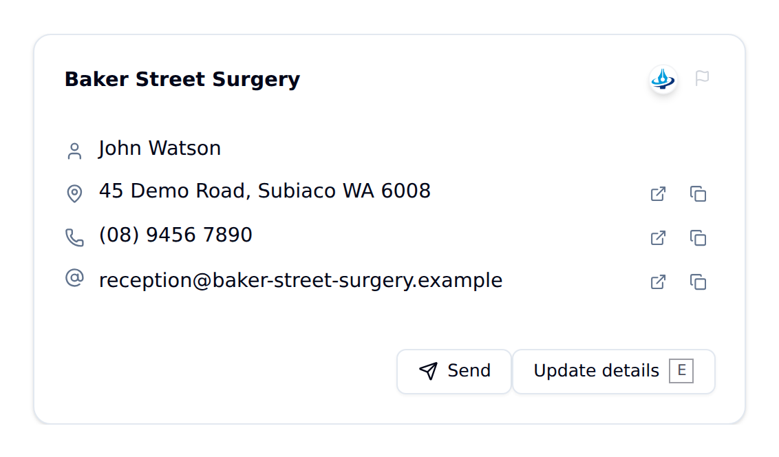 The Update details and Send buttons on a directory entry